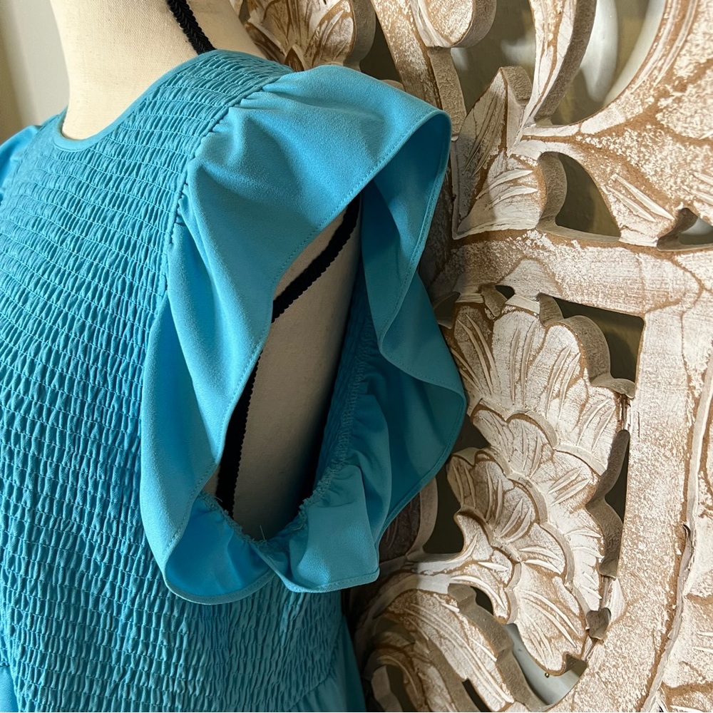 NWOT Michelle McDowell Teal Smocked Ruffle Sleeve Midi Dress w Pockets Sz XL - Picture 4 of 7